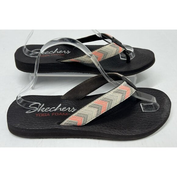 Skechers Yoga Foam Sandals flip flops Womens 10.5 Brown Gray Coral Chevron - Picture 1 of 9